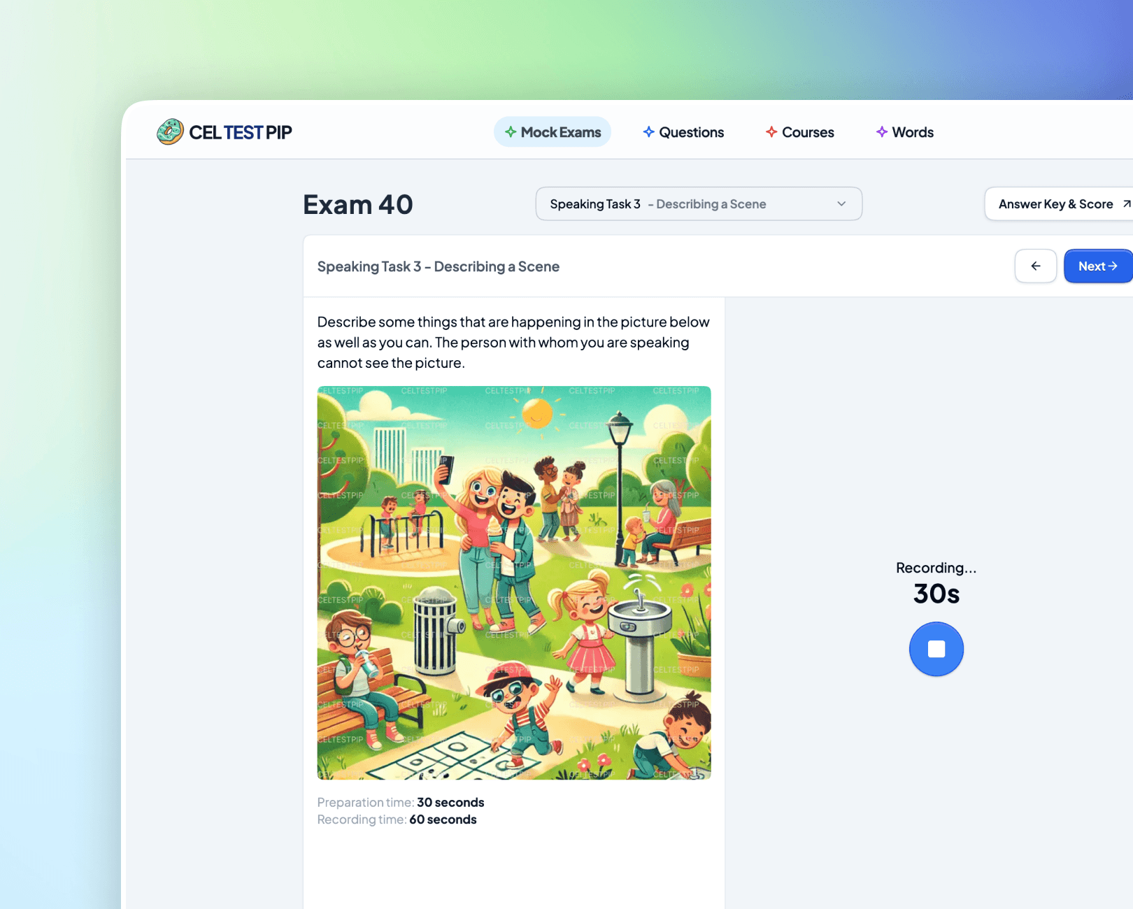 Interfaz de examen simulado CELPIP en CELTESTPIP con temporizador y preguntas de práctica